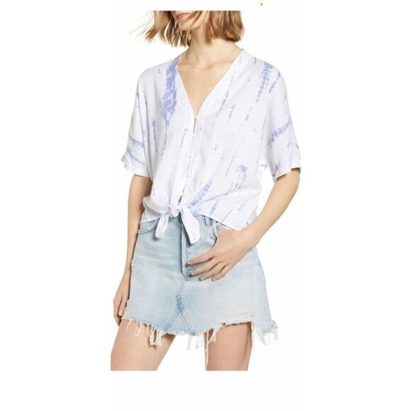 Rails Thea Cloud Tie Dye linen blend  Short Sleeves Button Down Tie Waist  Top - Picture 1 of 12